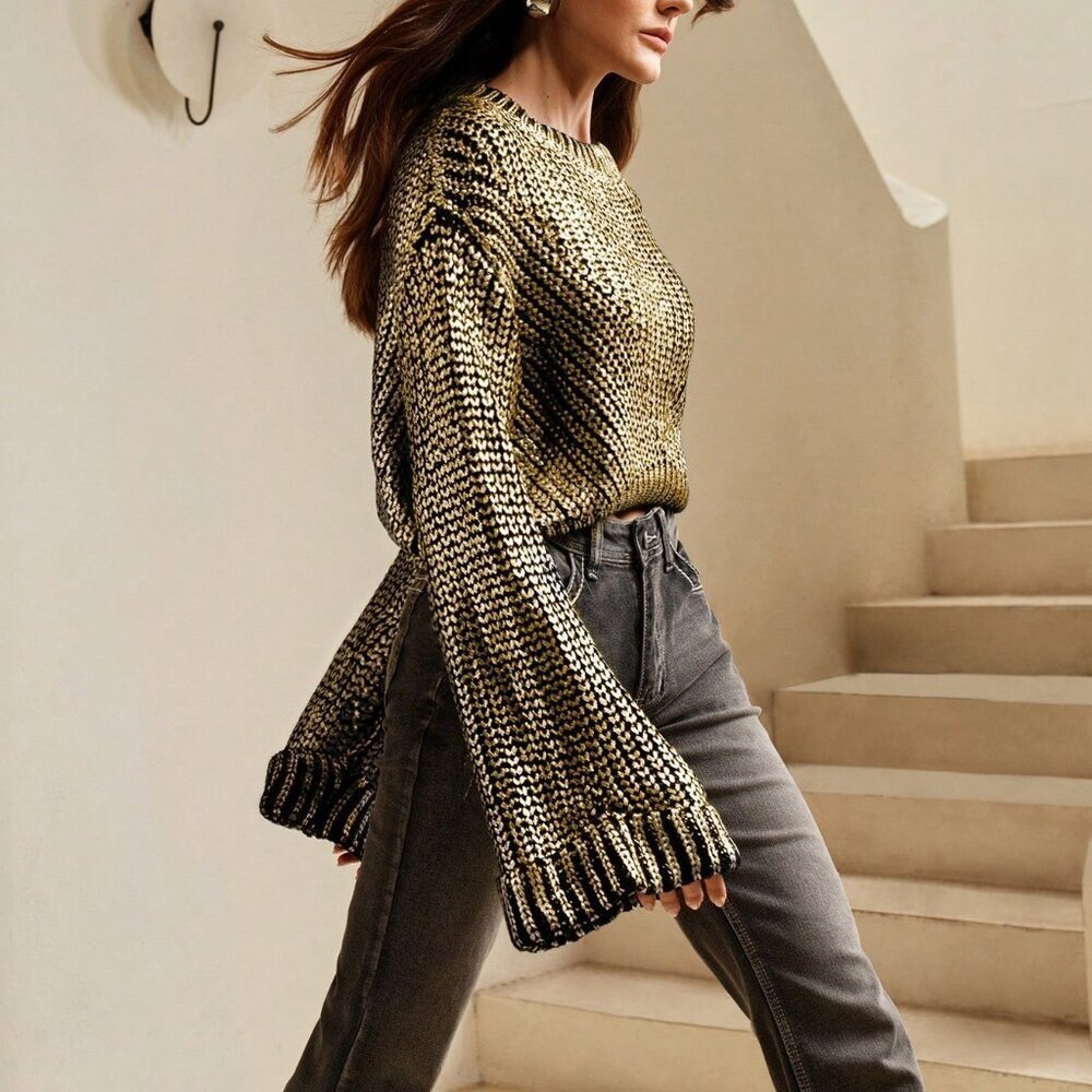 Gold Casual Women's Gradient Silver Foil Knit Jumper Christmas - Picture 5 of 7